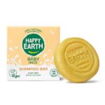 Happy Earth Baby Kids shampoo bar geel naast verpakking 100 procent natuurlijk en plasticvrij