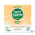 Happy Earth Baby Kids shampoo bar geel naast verpakking 100 procent natuurlijk en plasticvrij