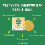 Happy Earth Baby Kids shampoo bar geel naast verpakking 100 procent natuurlijk en plasticvrij