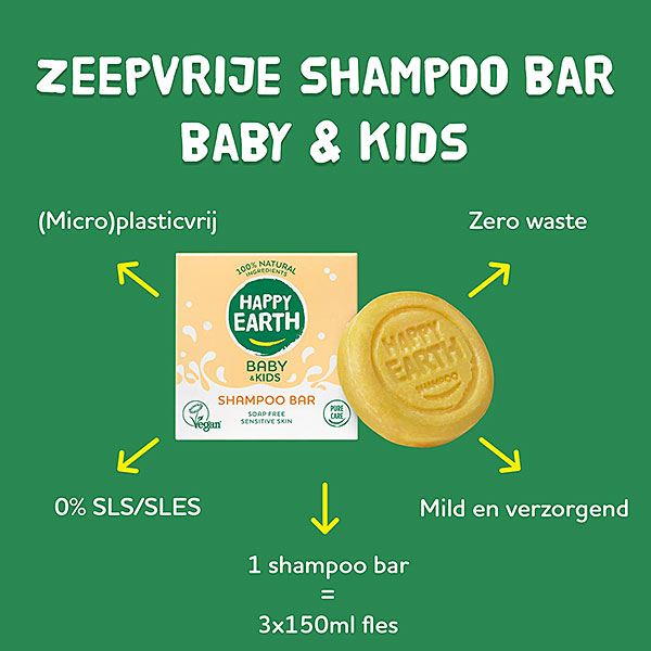 Happy Earth Baby Kids shampoo bar geel naast verpakking 100 procent natuurlijk en plasticvrij