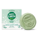 Happy Earth Baby Kids wash en bath bar groen naast verpakking 100 procent natuurlijk en plasticvrij