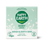 Happy Earth Baby Kids wash en bath bar groen naast verpakking 100 procent natuurlijk en plasticvrij
