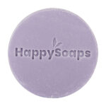 Paarse HappySoaps Lavender Bliss Conditioner Bar naast kartonnen verpakking