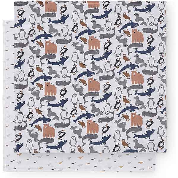 Hydrofiele multidoeken XL Polar van Jollein met pooldieren print. Zacht absorberend en multifunctioneel voor inbakeren badderen en onderweg. Set van 2