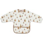 Waterproof slab met mouw Pear van Jollein met perenprint en lichtbruine bies beschermt kleding tijdens eten en knoeien