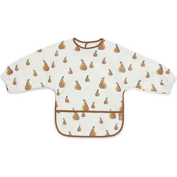 Waterproof slab met mouw Pear van Jollein met perenprint en lichtbruine bies beschermt kleding tijdens eten en knoeien