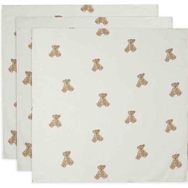 Hydrofiele multidoeken Teddy Bear van Jollein 70 x 70 cm set van drie met ivory ondergrond en beertjes print