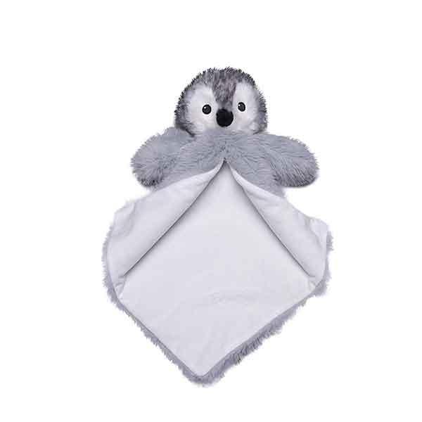 Pinguïn Luvie Pingi van Cubbies met pluizig grijs lichaam zachte vacht en babyveiligheidsdeken