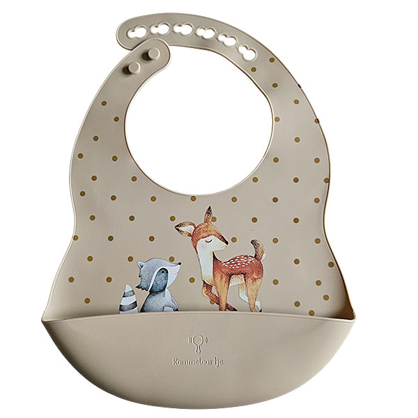 Beige siliconen slabber met dierenprint en opvangbakje van Rammelaartje