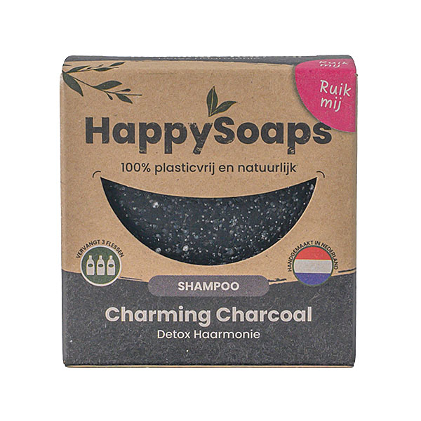 HappySoaps Shampoo Bar Charming Charcoal in kartonnen verpakking met houtskoolkleurige bar zichtbaar aan de voorkant