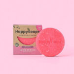 HappySoaps La Vie en Rose Shampoo Bar in roze tinten met ronde vorm en kartonnen verpakking