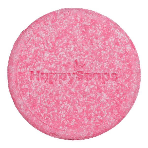 HappySoaps La Vie en Rose Shampoo Bar in roze tinten met ronde vorm en kartonnen verpakking