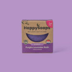 Paarse HappySoaps Purple Lavender Rain Shampoo Bar met natuurlijke structuur en ronde vorm