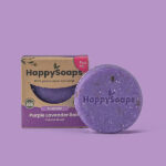 Paarse HappySoaps Purple Lavender Rain Shampoo Bar met natuurlijke structuur en ronde vorm