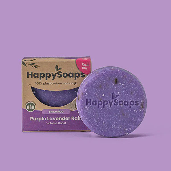 Paarse HappySoaps Purple Lavender Rain Shampoo Bar met natuurlijke structuur en ronde vorm