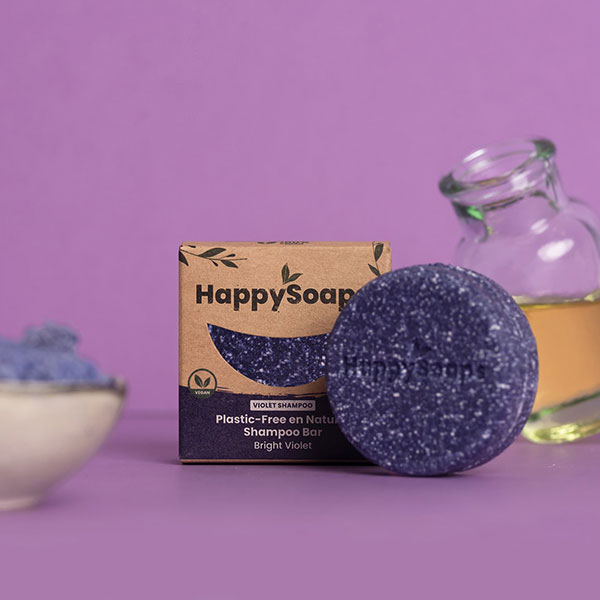 HappySoaps Bright Violet Shampoo Bar in kartonnen verpakking met paarse reinigende bar zichtbaar