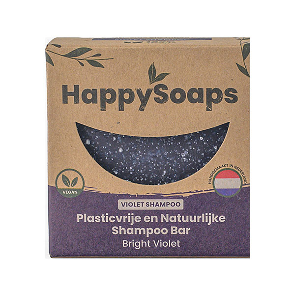 HappySoaps Bright Violet Shampoo Bar in kartonnen verpakking met paarse reinigende bar zichtbaar