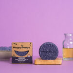 HappySoaps Bright Violet Shampoo Bar in kartonnen verpakking met paarse reinigende bar zichtbaar