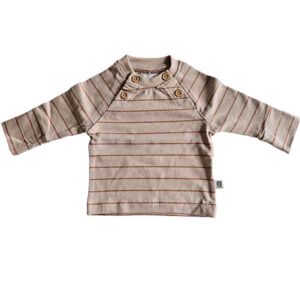 Beige baby shirtje voor jongens van Studio Spruitje met cognackleurige strepen en lange mouwen