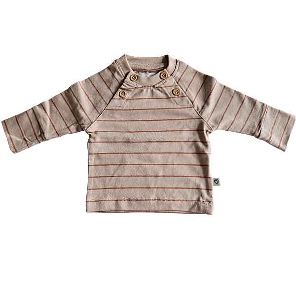 Beige baby shirtje voor jongens van Studio Spruitje met cognackleurige strepen en lange mouwen
