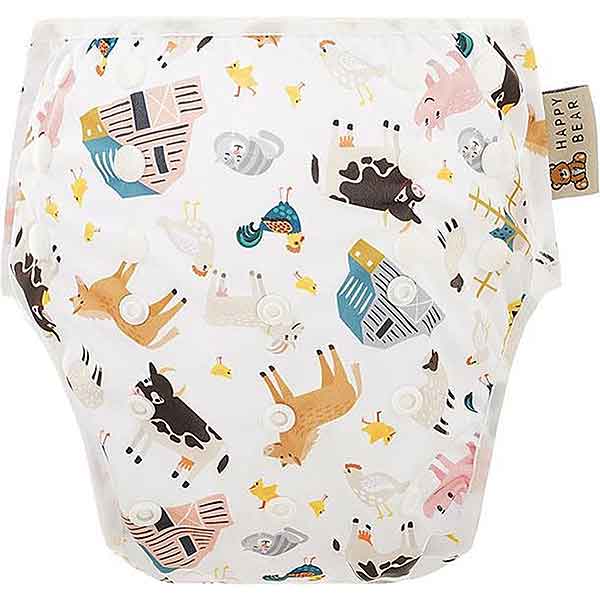 HappyBear wasbare zwemluier Farm Animals met boerderijdieren print en verstelbare drukknopen geschikt voor baby en peuter