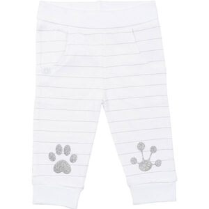 Frogs and Dogs baby broekje wit grijs strepen met zilveren pootafdrukken unisex.