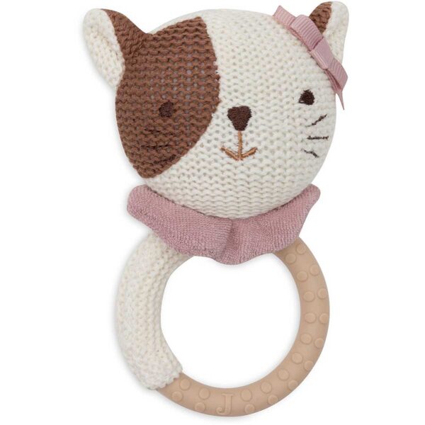 Jollein bijtring Jill the Cat met siliconen ring, gebreid kattenhoofdje en roze strikje voor baby's