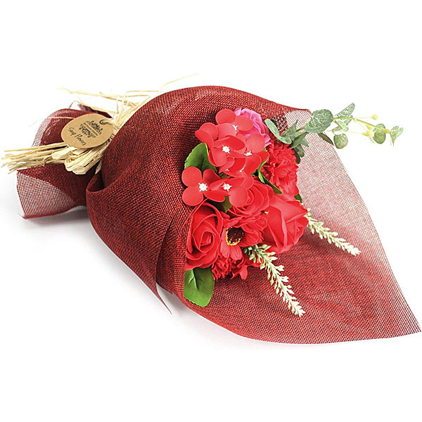 zeep bloemen boeket rood luxe cadeau verpakking met badbloemen en rozen