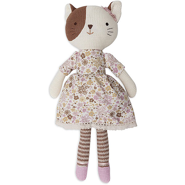 Jollein knuffel Jill poes met gebreid lijfje en bloemenjurk in zachte roze en beige kleuren