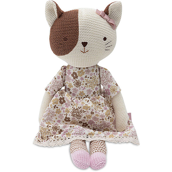 Jollein knuffel Jill poes met gebreid lijfje en bloemenjurk in zachte roze en beige kleuren