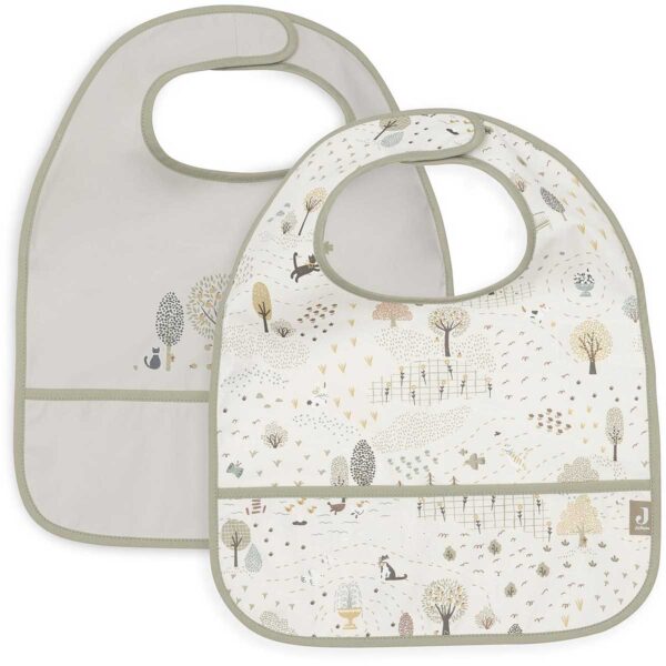 Jollein slab waterproof Tiny Park 2 stuks met Charlie the Cat, Diego the Dog en boompjesprint in ivoor en grijs