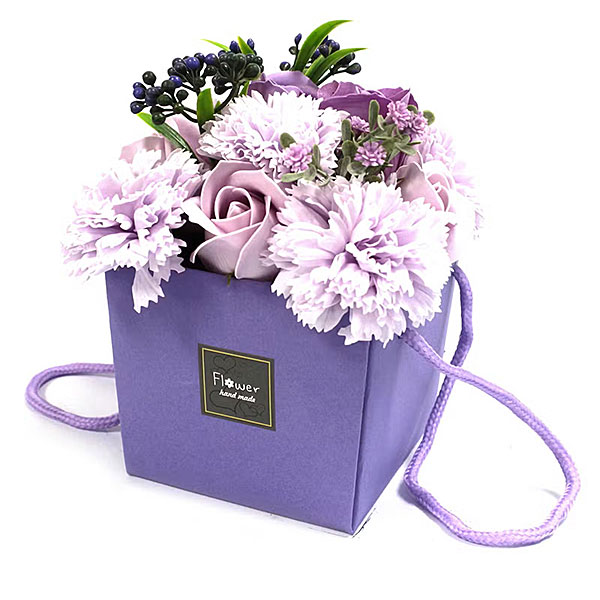 zeep bloemen boeket lavendel roos anjer handgemaakt paars zeepbloemen boeket in doos