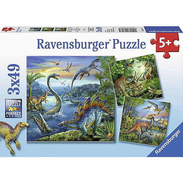 Ravensburger dinosaurussen puzzelset met 3 puzzels van 49 stukjes met kleurrijke dinosaurussen voor kinderen vanaf 5 jaar