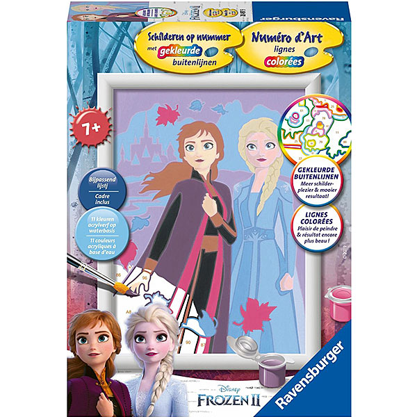 Schilderen op nummer Frozen II van Ravensburger met Elsa en Anna en gekleurde buitenlijnen voor kinderen vanaf 6 jaar