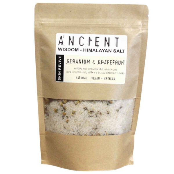 Huid Verzorging Himalaya badzout met geranium, grapefruit, vitamine E en kamillebloemen voor een luxe wellnesservaring.