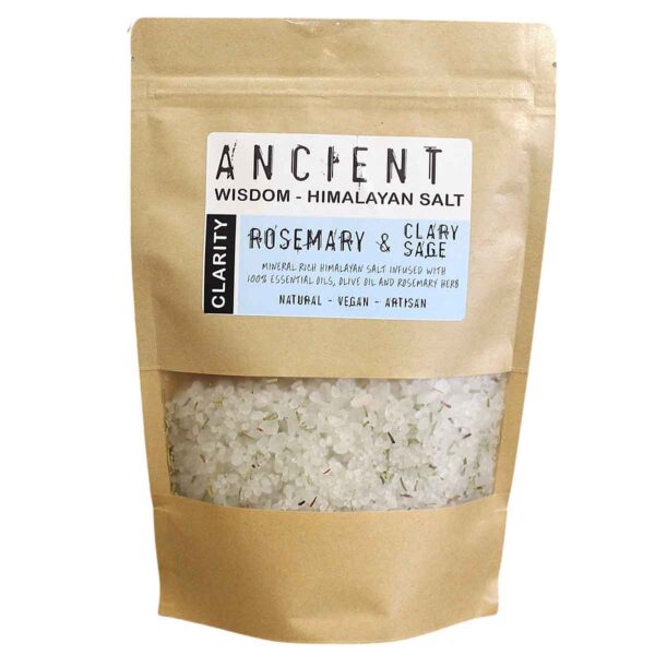 Helderheid Himalaya badzout met rozemarijn, salie, olijfolie en mineraalrijk Himalayazout voor een rustgevend wellnessmoment.