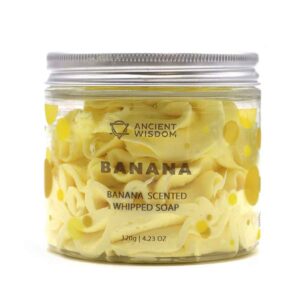 Banaan Slagroomzeep 120g met romig opgeklopt schuim en een heerlijke geur van rijpe bananen.