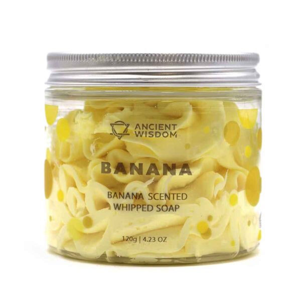 Banaan Slagroomzeep 120g met romig opgeklopt schuim en een heerlijke geur van rijpe bananen.