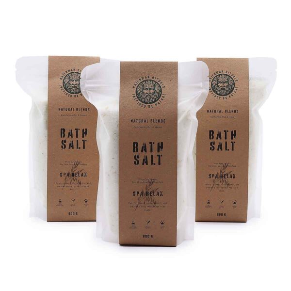 Greenman Rituals Oat & Honey Epsom badzout Spa Relax Blend 800 gram met haverstro en warme honinggeur voor wellness en ontspanning.