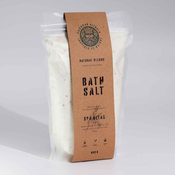 Greenman Rituals Oat & Honey Epsom badzout Spa Relax Blend 800 gram met haverstro en warme honinggeur voor wellness en ontspanning.