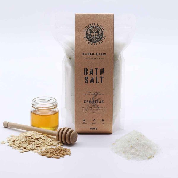 Greenman Rituals Oat & Honey Epsom badzout Spa Relax Blend 800 gram met haverstro en warme honinggeur voor wellness en ontspanning.