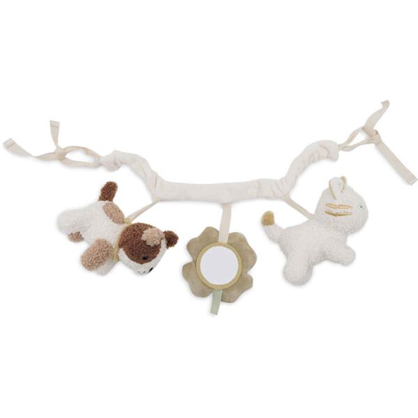 Jollein wagenspanner Tiny Park met hondje, katje, spiegel en belletjes. Ideaal speelgoed voor onderweg en de ontwikkeling van je baby.