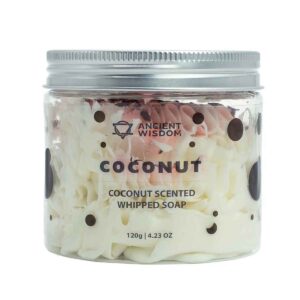 Kokosnoot Slagroomzeep 120g met romig opgeklopt schuim en een zachte tropische kokosgeur.