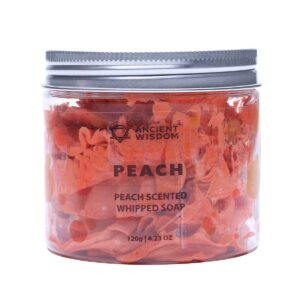Perzik Slagroomzeep 120g met romig opgeklopt schuim en een heerlijke zoete geur van rijpe perziken.