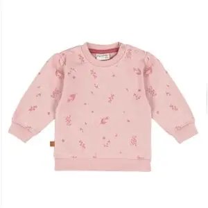 Frogs and Dogs sweater You Are Loved in Zephyr roze met bloemenprint, pofschoudertjes en ribboordjes