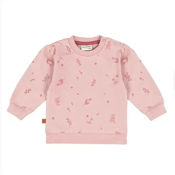 Frogs and Dogs sweater You Are Loved in Zephyr roze met bloemenprint, pofschoudertjes en ribboordjes