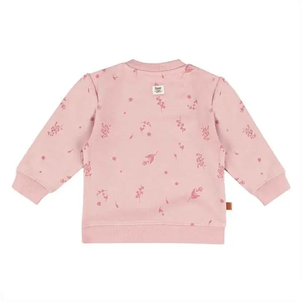 Frogs and Dogs sweater You Are Loved in Zephyr roze met bloemenprint, pofschoudertjes en ribboordjes